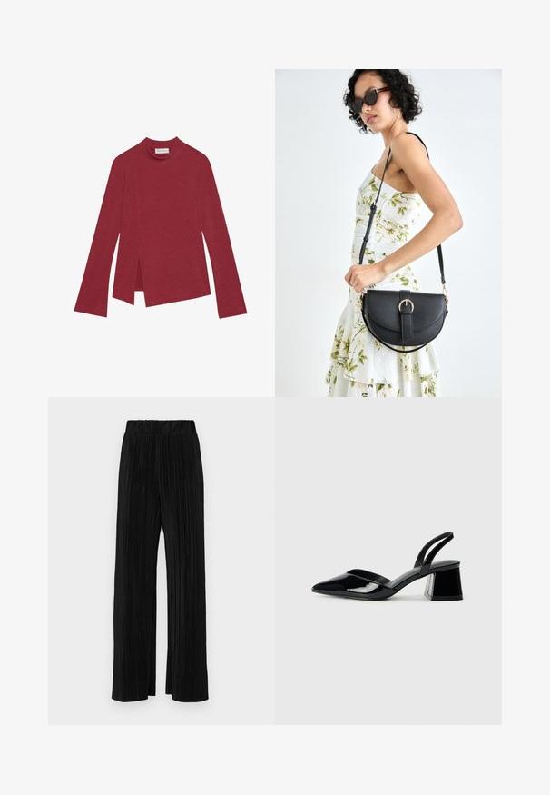 Top roșu cu maneci lungi, cu un guler înalt. Dispune de un tiv asimetric cu fante laterale și o textură netedă. Eticheta este vizibilă în interior.; Pantaloni negri plisati cu talie elastică. Prezintă picioare largi și un material neted, texturat, cu dungi verticale.; Pantofi cu toc slingback din piele lacuită neagră, cu vârf ascuțit și toc geometric. Prezintă un design elegant, minimalist și o textură netedă.; Geantă din piele neagră, cu o formă curbată, curea detașabilă și accesorii aurii. Geanta are un capac cu un detaliu tip cataramă.