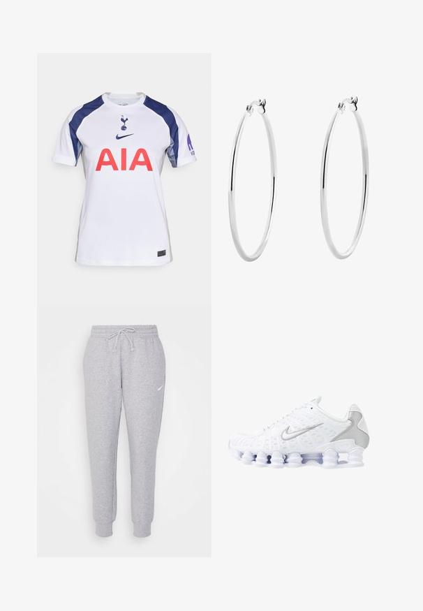Vit fotbollströja med kort ärm och marinblå detaljer, med rund hals, stor röd "AIA"-logotyp och lagmärke på bröstet.; Ljust grå sweatpants med dragsko i midjan, smalnande ben och en liten vit logotyp på vänster lår. Tillverkade av ett mjukt, strukturerat tyg.; Vita sportskor med nätöverdel, silverdetaljer och en unik spiral såldesign. Har vadderad krage och snörning för passform.; Silverörhängen med en slät, polerad yta och en tunn, cirkulär form. Designen har en säker låsning.