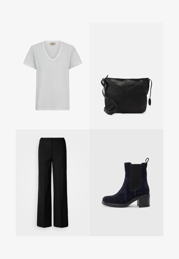 Biely bavlnený tričko s výstrihom do V, krátkymi rukávmi a voľným strihom. Hladká textúra s jemnými švovými detailmi a bez vzorov.; Čierne široké nohavice z hladkej tkaniny, s vysokým pasom, zúženými švami a minimalistickým dizajnom. Žiadne viditeľné kovové prvky alebo vrecká.; Námornícky modré zamatové členkové botas s elastickým bočným panelom, okrúhlou špičkou a blokovým opätkom. Textúrovaná látka a hladká podrážka vytvárajú kontrast.; Čierna kožená crossbody taška s plochým tvarom, zlatými kovovými akcentmi a nastaviteľným popruhom. Hladký povrch s minimálnymi švíkmi.