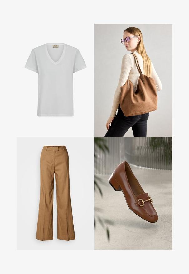 Valge puuvillane T-särk V-kaelusega, lühikeste varrukatega ja mugava lõikega. Sile tekstuur, peene õmbluse detailidega ja ilma mustriteta.; Pruunid laiad püksid, mis on valmistatud kerge kangast. Omavad tasast esiosa, vöökohtade keerutusi ning kohandatud siluetti, millel on pahkluu pikkus.; Pruunist lakknahast loafer, millel on ruudukujuline varvas, metallist ahel kaunistus ja madal plokkkonts; sile tekstuur, minimalistlik disain.; Pruunist suedi kott pehme tekstuuriga, suure ava ja pikkade rihmadega. Omab lihtsat disaini nähtava õmblusega ja ilma metalldetailideta.