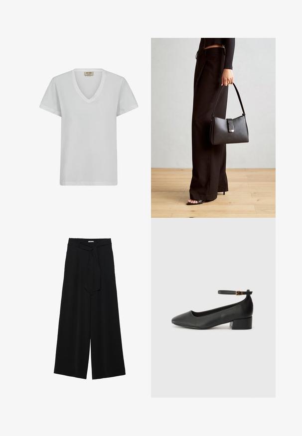 Camiseta de algodón blanca con escote en V, mangas cortas y corte relajado. Textura suave con detalles de costura sutiles y sin patrones.; Pantalones de pierna ancha negros con un tejido texturizado, una cinturilla elástica y un lazo desmontable en la cintura para un ajuste ajustable.; Zapato de tacón negro de cuero con punta afilada y tacón bajo cuadrado. Presenta una correa para el tobillo con una hebilla en tono dorado. Textura suave.; Bolso negro con forma estructurada, textura suave y un cierre metálico. Combinado con pantalones anchos negros y sandalias de dedo en un suelo de madera.