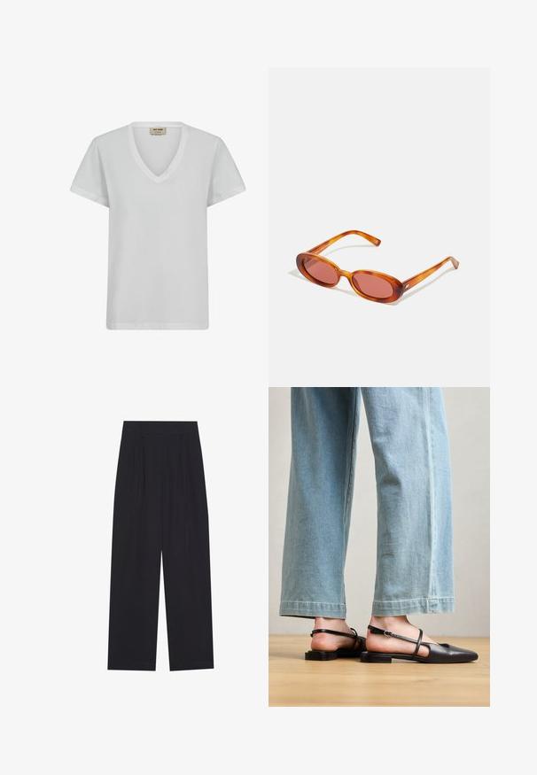 Vit bomull t-shirt med V-formad halsringning, korta ärmar och avslappnad passform. Slät textur med subtila sömdetaljer och utan mönster.; Svarta vida byxor i ett slätt material, med veck, en platt midjeband och utan synliga fickor eller dekorationer.; Svart läder slingback-skor med spetsig tå, platt häl och ankelrem; bärs med ljusblå vida jeans.; Ovalformade solglasögon med transparenta orangea bågar och tonade linser. Snygg design med smala skalmar som har subtila logotypdetaljer.; Svart läder crossbody-väska med klaffstängning, guldfärgade detaljer, justerbar rem och strukturerad yta. Kompakt rektangulär form.