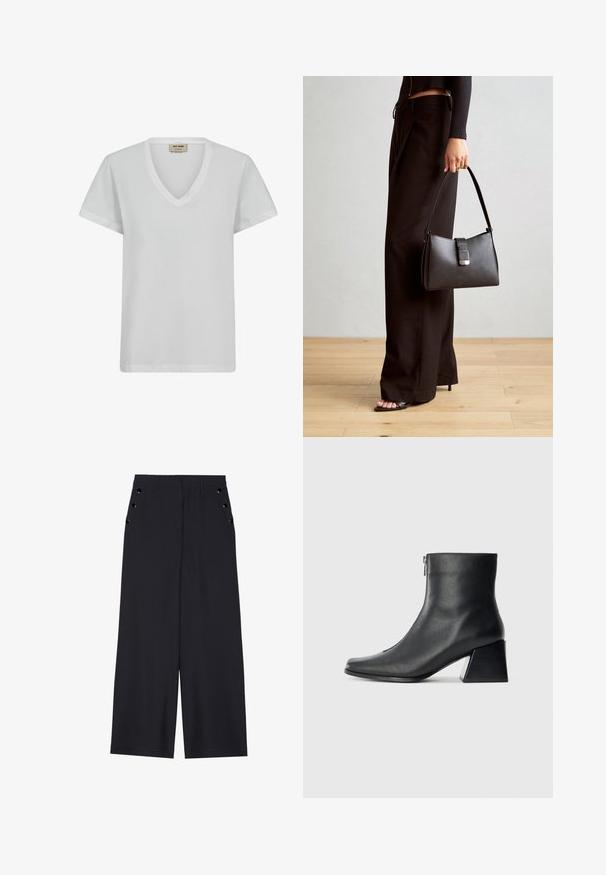 Biala kokvilnas T-kreklu ar V veida izgriezumu, īsām piedurknēm un brīvu piegriezumu. Gluda tekstūra ar smalkiem šuvju elementiem un bez rakstiem.; Platīsara bikses tumši zilā audumā, kurām ir gluda tekstūra, priekšējie kroki un dekoratīvi zeltaini acs pie sānu kabatām.; Melna ādas potītes zābaku ar kvadrātveida purngalu, sānu rāvējslēdzēju un bloku papēdi uz vienkārša gaismas fona.; Melnā somiņa ar strukturētu formu, gludu tekstūru un metālu sprādzi. Saskaņota ar platām melnām biksēm un sandālēm ar atvērtu purngalu uz koka grīdas.