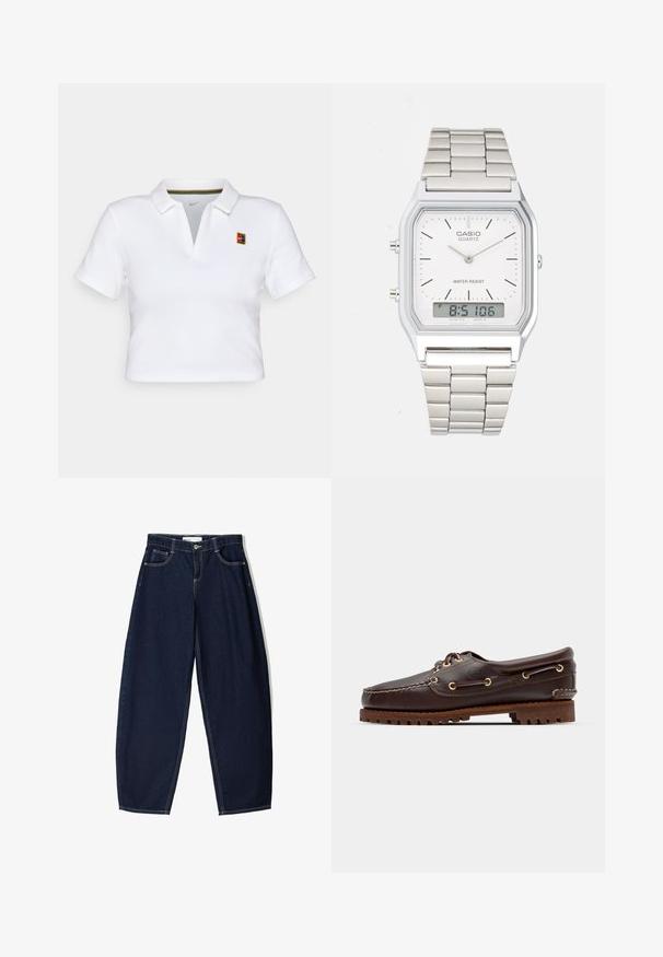 Valkoinen lyhythihainen polo-paita, jossa on kauluskanta, pieni värillinen Nike-logo ja monivärinen raidallinen detalji kauluksessa.; Tummansiniset farkut, joissa on löysä istuvuus, viisi taskua, erottuva ommel ja vetoketjukiinnitys edessä.; Ruskeaharmaat nahkaiset venesandaalit kultaisilla silmärei'illä, pyöreällä nauhalla ja teksturoidulla ruskealla kumipohjalla. Sisältää kirjontayksityiskohtia ja kohotetun logon.; Harmaa ruostumaton teräksinen kello, jossa on nelikulmainen kuori, valkoinen näyttö, analoginen ja digitaalinen näyttö sekä metallinen linkkihihna. Vesitiivis muotoilu.