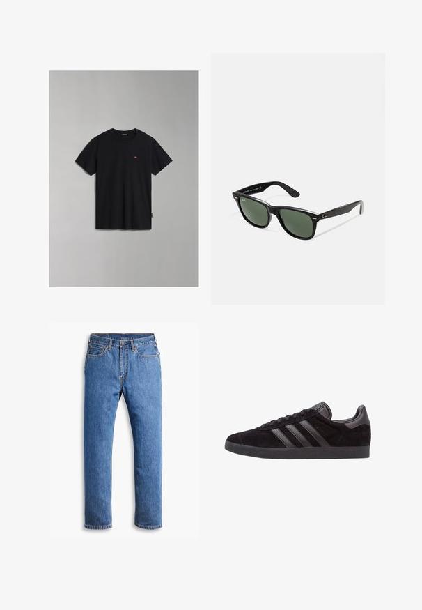 Černé bavlněné tričko s kulatým výstřihem a krátkými rukávy. Obsahuje malou logovou nášivku na hrudi a božní štítek. Hladká textura.; Modré džínové kalhoty s rovný střih, oblíbené pět kapes, s knoflíkovým zapínáním a oranžovými švy, na čistě bílém pozadí.; Černé semišové sneakers s texturovanou gumovou podrážkou, s třemi černými koženými pruhy, zaoblenou špičkou a polstrovaným límcem kolem kotníku.; Černé plastové sluneční brýle se zelenými skly, čtvercové obroučky, stříbrný detail na obočí a texturované stranice. Značka uvedená na vnitřní straně stranic.