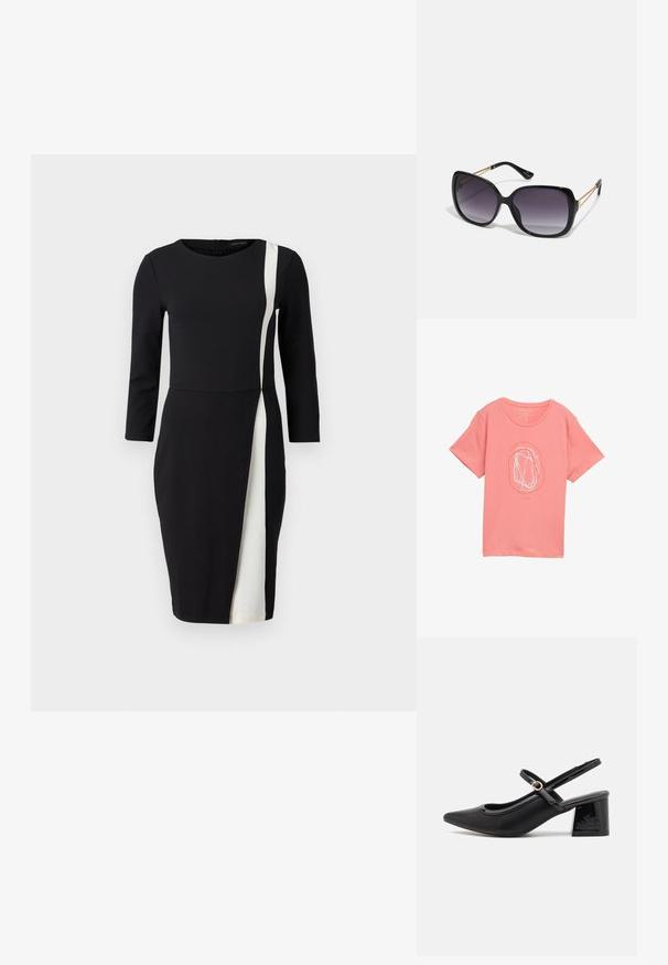Hele hele roosa T-särk, mis on valmistatud pehmest kangast, mille keskel on valge abstraktne muster, ümmargune kaelus ja lühikesed varrukad.; Musthave mustriga mustri varrukatega must kleit, millel on valge kaldu triip. Valmistatud siledast kangast, talje kohandamiseks ja põlvekõrgune disain.; Mustad läikivad nahast slingback-kõrged kontsad, millel on terav nina, ümar lõikekujundus ja blokknina. Omab kuldset nupu aktsenti.; Mustad ümarad päikeseglaasid, millel on gradient objektiivid, paksud raamid ja kuldse tooni kettaga kaunistused tempelitel.; Must musträkk, mis on valmistatud sünteetilisest materjalist, lihtsa ristkülikukujulise disainiga, kuldsete ruudukujuliste rõhutustega ja kahe käepidemega.