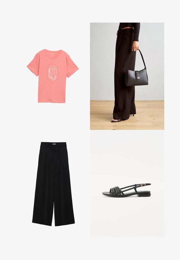Světle růžové tričko vyrobené z měkké látky, se středovým bílým abstraktním vzorem, kulatým výstřihem a krátkými rukávy.; Černé kalhoty s širokými nohavicemi, vyrobené z texturované tkaniny, s elastickým pasem a odnímatelným páskem na úpravu velikosti.; Černé ploché sandály se spíleným designem, které mají několik kožených pásků a štíhlý páskový přezkový uzávěr na kotníku. Podešev je plochá a obdélníková.; Černá kabelka se strukturovaným tvarem, hladkým povrchem a kovovým uzávěrem. Kombinována s širokými černými kalhotami a sandály s otevřenou špičkou na dřevěné podlaze.
