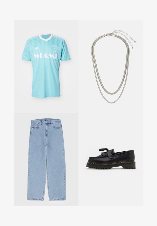 adidas Performance INTER MIAMI CF 3RD JERSEY - Vereinsmannschaften - easy mint; Hellblaue Jeans aus Denim mit geradem Bein, ausgestattet mit einer mittelhohen Taille, fünf Taschen sowie einem Knopf- und Reißverschluss.; Schwarze Lederloafers mit einem fransenverzierten Akzent, ausgestattet mit einer robusten schwarzen Sohle und gelber Naht entlang der Kante. Texturierte Oberfläche.; Dreischichtige Halskette aus Silbermetall mit schlanken, flexiblen Ketten mit leichtem Glanz, gesichert mit einem Karabinerverschluss und verstellbarer Kette.