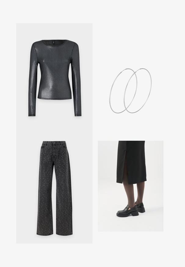 Duga rukava, uska majica od tamno sive metalik tkanine s vertikalnom rebrastom teksturom, okruglim izrezom i bezšavnim manžetama.; Noisy May NMJANNEL LOOSE - Traperice opuštenog kroja - black denim; Crne kožne cipele s zaobljenim vrhom, debelim blok petama i elastičnim bočnim detaljima, uparene s tamnim čarapama i crnom suknjom s prorezom.; Srebrne okrugle naušnice s minimalističkim dizajnom. Kružni oblik, glatka tekstura i tanak profil. Lagane s poliranim završetkom.