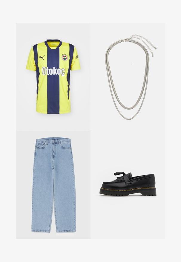 Sárga és tengerészkék csíkos focimez, kerek nyakkal, Puma logóval, és "Otokoc" felirattal az elején. A mez csapatcímert tartalmaz csillagokkal.; Világoskék farmernadrág egyenes szárú kivitelben, közepes derékkal, öt zsebbel, gombos és cipzáros záródással.; Fekete bőr mokaszin, rojtos díszítéssel, masszív fekete talppal és sárga varrással az élén. Texturált felület.; Háromrétegű ezüstszínű fém nyaklánc, letisztult, rugalmas láncokkal, enyhe fényességgel, homárkapoccsal rögzítve és állítható lánccal.
