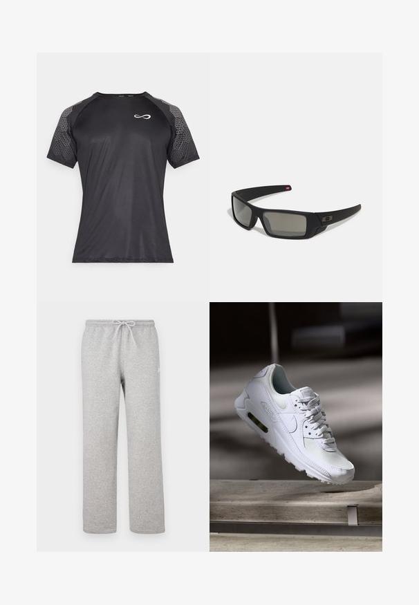 Endless FEISTY HEXAGON - T-shirt print - black; Grijze joggingbroek met een elastische tailleband en trekkoord. Gemaakt van zachte stof, met rechte pijpen en subtiel logodetail.; Witte Nike Air Max 90 sneaker met een bovenwerk van mesh en leer, een geperforeerde teenbox en een zichtbare luchtunit in de hiel.; Zwarte zonnebril met een matte afwerking, rechthoekige glazen, een lichte kromming op de slapen, subtiele logodetails en rookgetinte glazen.
