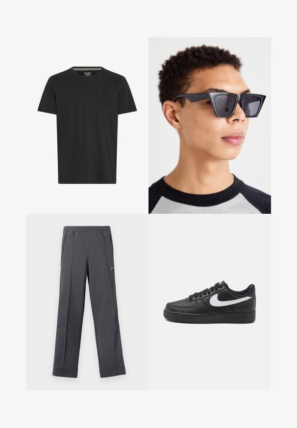 Fekete, rövidujjú pamut póló. Kerek nyakkal és egy kis zsebbel a bal mellen. Simító textúra és egyszerű dizájn.; Szürke, texturált anyagból készült, laza szabású melegítőnadrág, oldalsó cipzáras zsebekkel és egy kis logóval az elején.; Fekete Nike Air Force 1 tornacipő sima bőrből készült felsőrésszel, fehér logóval, perforált orral és texturált gumitalppal.; Fekete, szögletes napszemüveg sötét lencsékkel, merész geometrikus dizájnnal és matt felülettel. Egy rövid hajú személy viseli.