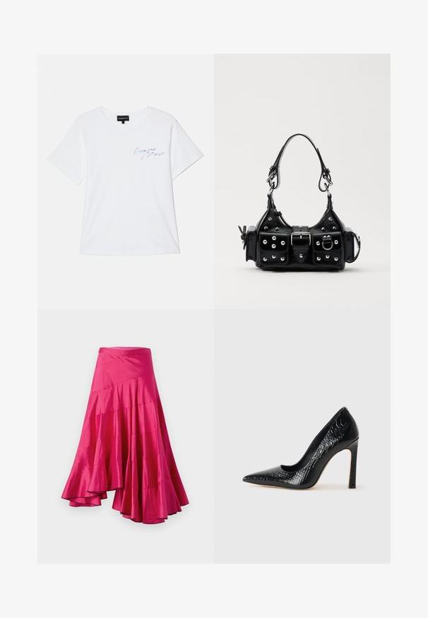 Bela bombažna majica s kratkimi rokavi, okroglim izrezom in modrim vezenim napisom na prsih. Preprost, udoben kroj.; Magenta saten krilo s flared robom, ki ima plastevne panele in asimetrično zasnovo. Ima gladko teksturo in srednjo dolžino.; Črne čevlje z visoko peto in konico v obliki puščice, z teksturo krokodilje kože, ki se ponašajo s sleek oblikovanjem, visokim stiletto peto in gladkim črnim notranjostjo.; Črna usnjena torbica s ukrivljenim dizajnom, ki vsebuje srebrne žebljičke, zaponko in dve stranski žepki. Nastavljiv trak za različne možnosti nošenja.
