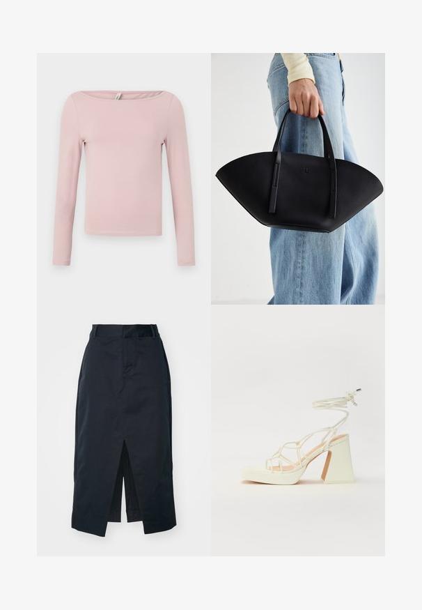 Ilga rankovė palaidinė šviesiai rožinės spalvos, pagaminta iš minkštos medvilnės. Turi plačią apvalią iškirptę ir prigludusį siluetą su trumpa apatine dalimi.; Tamsiai mėlynas midi sijonas, pagamintas iš medvilnės mišinio, su priekinėmis išpjovomis, paslėptu užtrauktuku ir šoniniais kišenėmis funkcionalumui.; Balti aukštakulniai sandalai su masyviu kulnu, su dirželių dizainu ir kulkšnies raiščiu. Lygi tekstūra su platforma priekyje, suteikianti papildomą aukštį.; Juodas odinis rankinis uždangalas unikaliu ventiliatoriaus formos dizainu, turintis plokščias rankenas. Paviršius turi akmeninė tekstūrą ir minimalistišką dizainą.