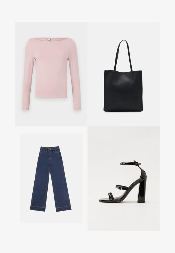 Bluză cu mânecă lungă în roz deschis, fabricată din bumbac moale. Prezintă un decolteu rotund larg și o siluetă ajustată, cu o margine scurtă.; Jeans evazați din denim albastru închis. Au cinci buzunare, bucle pentru curea și o margine brută la baza, cu detalii de coasere vizibile.; Sandale negre din piele lacuită, cu toc înalt, două curele cu catarame, vârf pătrat și toc gros, având o textură netedă și lucioasă.; Geantă tote neagră din piele, cu textură netedă, formă rectangulară și două mânere lungi. Fără hardware vizibil sau ornamente.