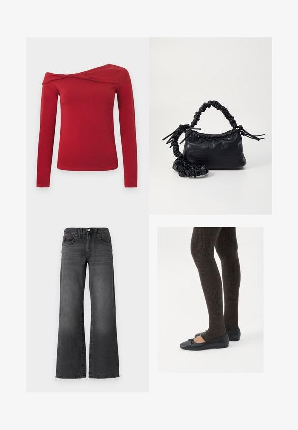 Long-sleeve red top with an asymmetric off-the-shoulder design. Made from a soft, stretchy material with a smooth texture.; Wide-leg jeans in dark gray denim. Features five pockets, a button closure, and subtle fading on the fabric. Classic stitching accents.; Black flat shoes with a small bow detail at the toe, paired with dark brown ribbed tights. Shoes have a smooth texture and low profile.; Black faux leather handbag with a crocodile texture, cinched top, and a scrunched strap. Appears soft and compact in design.