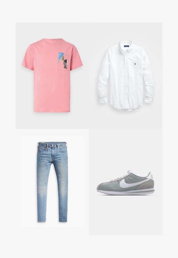 Ružičasta pamučna majica s kratkim rukavima. Ispred se nalazi printani grafički dizajn u plavoj, zelenoj i crnoj boji, koji uključuje tekst i geometrijske oblike.; Bijela košulja dugih rukava s gumbima izrađena od pamuka. Ima klasični ovratnik, gumbaste manžete i mali brodasti logo u tamnoplavoj boji na prsima.; Svijetloplave uske traperice s laganim izblijedjenjem na bedrima, prednje kopčanje na dugme, petlje za remen i pet džepova na bijeloj pozadini.; Sive sportske tenisice s gornjim dijelom od antilopa i tekstila, bijelim Nike swooshom i bijelim vezicama. Imaju teksturirani gumeni đon i podstavljeni ovratnik.