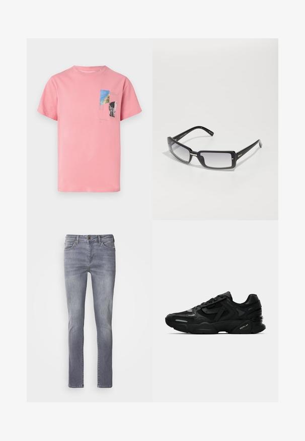 Camiseta de algodón rosa con mangas cortas. Presenta un gráfico impreso en azul, verde y negro, que incluye texto y formas geométricas en la parte frontal.; Jeans de mezclilla en gris claro con corte recto, que cuentan con cinco bolsillos, cierre de botón de latón y un leve desgastado en las piernas.; Zapatillas deportivas negras con parte superior texturizada, acentos reflectantes y suelas acolchadas. Presentan cordones y el logotipo de la marca en el lateral.; Gafas de sol rectangulares negras con lentes degradados, con un marco grueso y detalles metálicos en las varillas. Textura suave en toda su superficie.
