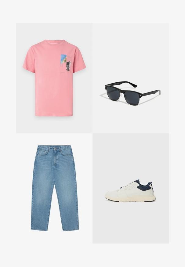 Roze katoenen t-shirt met korte mouwen. Voorzien van een bedrukte graphic in blauw, groen en zwart, inclusief tekst en geometrische vormen aan de voorkant.; Lichtblauwe denim wijde jeans met een hoge taille, voorzien van vijf zakken, riemlusjes en een zachte, licht vervaagde textuur.; Sneakers met een witte synthetische bovenkant, marineblauwe stofaccenten, textuurzool en vetersluiting. Rondneus en een treklip aan de achterzijde.; Zwarte zonnebril met een rechthoekige vorm, donkere lenzen, zilveren accenten bij de slapen en een matte afwerking op het montuur.