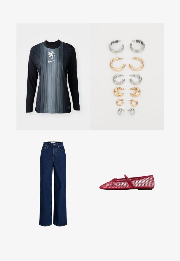 Dug nadoljnica u crnoj i sivoj boji s vertikalnim prugama, s grbom lava i Nike logom na prsima. Glatka tekstura, atletski kroj.; Visokopresječene tamnoplave traperice širokih nogavica, s prednjim dugmetom i dizajnom s pet džepova.; Crvene mrežaste balerinke s izrezanim vrhom, s tankom trakicom i detaljem kopče. Gornji dio ima otvoreni uzorak u obliku saća.; Set od osam metalnih naušnica u srebrnim i zlatnim tonovima. Uključuje razne stilove obruča, teksture i završne obrade, raspoređene po veličini.