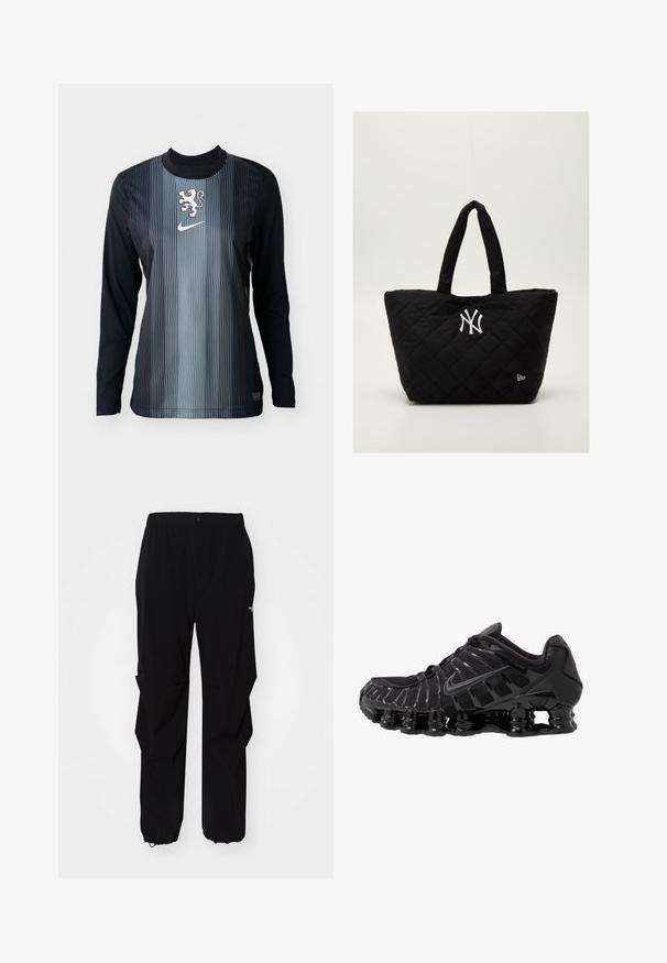 Langmouwshirt in zwart en grijs met verticale strepen, featuring een leeuwembleem en Nike-logo op de borst. Glad textuur, sportieve pasvorm.; Zwarte outdoorbroek gemaakt van duurzaam materiaal, met een relaxte fit, elastische tailleband en een afgeknipte onderkant voor verstelbare lengte.; Zwarte sportieve schoen met mesh-bovenwerk en glanzende overlays. Bevat afgeronde spoelvering en textuur lijnen aan de zijkant. Nike-logo zichtbaar.; Gequilted zwarte draagtas met dubbele handvatten, voorzien van een wit New York Yankees-logo en een klein merkembleem aan de zijkant.