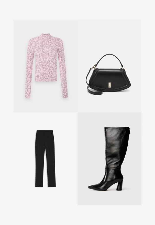 Vaaleanpunainen pitkähihainen toppi, jossa on korkea kaulus ja tummemmalla vaaleanpunaisella ääriviivattu kukkakuavio. Valmistettu ribbikankaasta, tiivis muotoilu.; Mustat räätälöidyt housut suoran lahkeen designilla, joissa on etutaskut ja sileä, teksturoitu kangas. Siistit, minimalistiset yksityiskohdat.; Mustat nahkasaappaat, joissa on terävä kärki, sileä pinta ja paksu korko. Takana on vetoketjuyksityiskohta.; Mustalla nahkalaukulla, jossa on jämäkkä muotoilu, lyhyt malli, yläkahva ja kultaiset yksityiskohdat. Säädettävä olkahihna sisältyy.