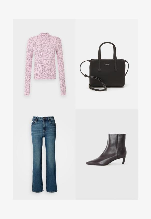 Rožinė ilgomis rankovėmis palaidinė su aukštu apykakle, su tamsesnės rožinės spalvos gėlių raštu. Pagaminta iš griovelinės medžiagos, prilipęs dizainas.; Aukštai juosmeniu mėlyni džinsai iš denimo, turintys tiesaus kirpimo dizainą, švelnų blukimą ir standartinį mygtuko bei užtrauktuko uždarymą.; Juodas odinis kulkšninis batai su smailu nosimi ir žemu katės kulnu, lygus paviršius, šoninė užtrauktuko sistema, rodomas neutralioje fone.; Juoda rankinė su dviem trumpais rankenėlėmis ir nuimamu petį. Lygaus odos tipo medžiaga su užtrauktuku ir logotipo detale.