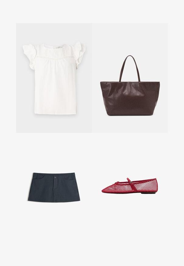 Hvid bluse med korte flæseærmer, der har lodrette pliser og blonderelief langs halsudskæringen. Blødt stof og afslappet pasform.; Mørkeblå stribet mini nederdel med frontlommer og en enkelt knaplukning i taljen.; Røde mesh balletflade med spids tå, der har en tynd rem og spænde detalje. Overdelen har et åbent, honningkombinationsmønster.; Brun vævet læder tote bag med to håndtag, en struktureret form og en tekstureret overflade, der har et diamantmønster i hele designet.