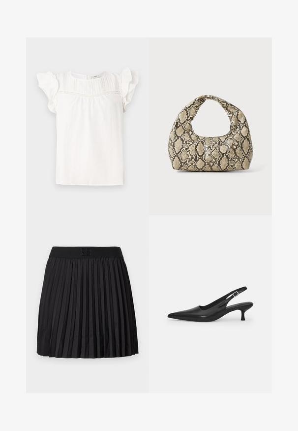 Valge pluus lühikeste volangkäistega, millel on vertikaalsed pleed ja pitsdetail kaeluses. Pehme kangas ja mugav lõige.; Must mustriga seelik, millel on sile tekstuur, musta värvi elastne vöökoht ja esiküljel reljeefne logo detail.; Mustmustast musta nahast slingback king, millel on terav varvas ja kitsas, kumer konts. Omab diskreetset reguleeritavat rihma metallist pandlaga.; Musta käärmeprindiga kott kõveraga käepidemega. Valmistatud tekstiilsetest, beežidest ja pruunidest materjalidest, millel on iseloomulik rombikujuline muster.