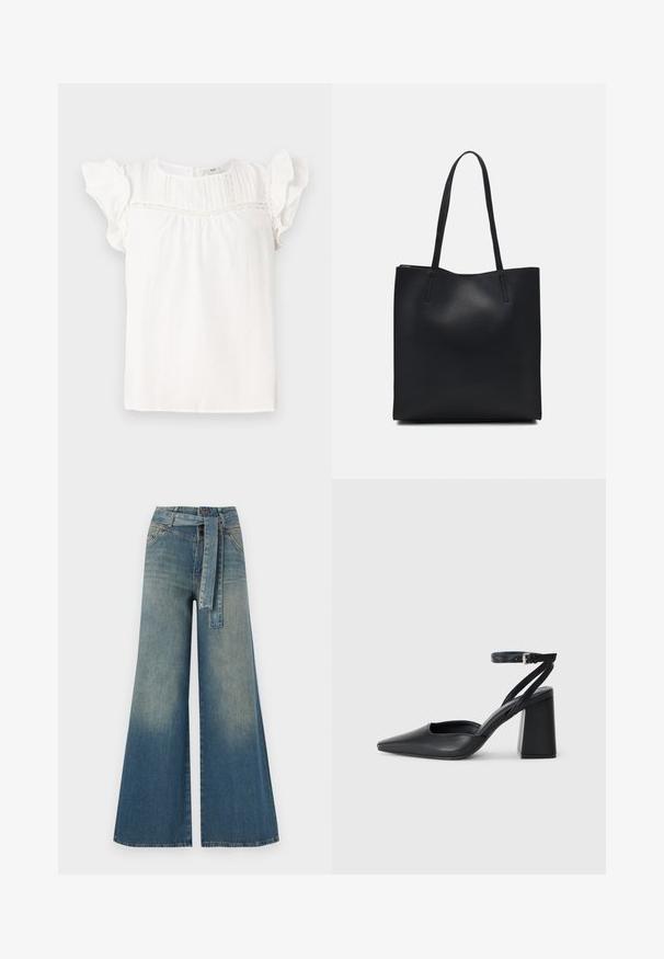 Blusa bianca con maniche corte arricciate, caratterizzata da pieghe verticali e dettagli in pizzo lungo lo scollo. Tessuto morbido e vestibilità rilassata.; Pantaloni in denim a gamba larga con una sfumatura che va dal blu chiaro al blu scuro, vita alta, passanti per cintura e una cintura in tessuto coordinato. Finitura in denim strutturato.; Pump in pelle nera con punta affusolata, cinturino alla caviglia e tacco spesso. Texture piatta, design elegante ed estetica minimalista.; Borsa tote in pelle nera con texture liscia, forma rettangolare e due manici lunghi. Nessun hardware o decorazione visibile.