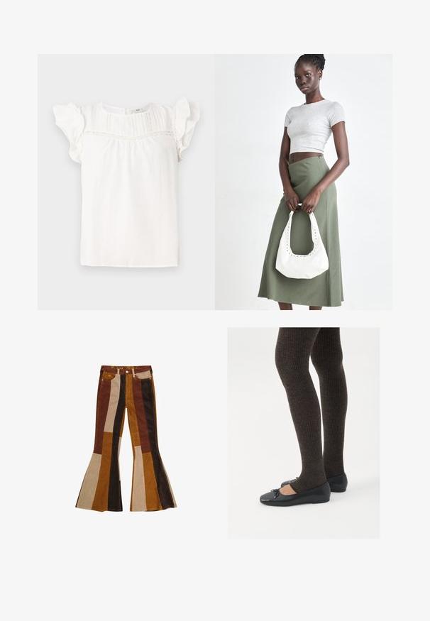 Witte blouse met korte ruffled mouwen, voorzien van verticale plooien en kantdetails langs de halslijn. Zacht materiaal en een ontspannen pasvorm.; Wijde corduroy broek met een gestreept patroon in tinten bruin, beige en goud, met zakken en een gekleurde tailleband.; Zwarte platte schoenen met een kleine strikdetail op de neus, gecombineerd met donkerbruine geribbelde panty’s. De schoenen hebben een gladde textuur en een lage profiel.; Grijs geribbelde crop top en olijfgroene hoge taille rok. Model houdt een witte schoudertas met uitsparingen vast. Eenvoudig ontwerp, aansluitende silhouet.