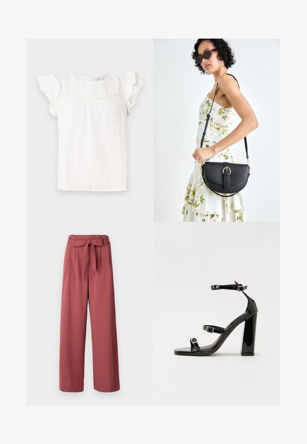 Hvid bluse med korte flæseærmer, der har lodrette pliser og blonderelief langs halsudskæringen. Blødt stof og afslappet pasform.; Bredde bukser i en støvet rosefarve, lavet af et blødt stof, med et bundet bælte i taljen og sidelommer.; Sorte patenterede hælsandaler med firkantet tå, ankelremme og sølvspænder. Har en chunky blokHæl for stabilitet.; Sort læderhåndtaske med en buet form, aftagelig rem og guldfinish. Tasken har en klap med en spænde detalje.