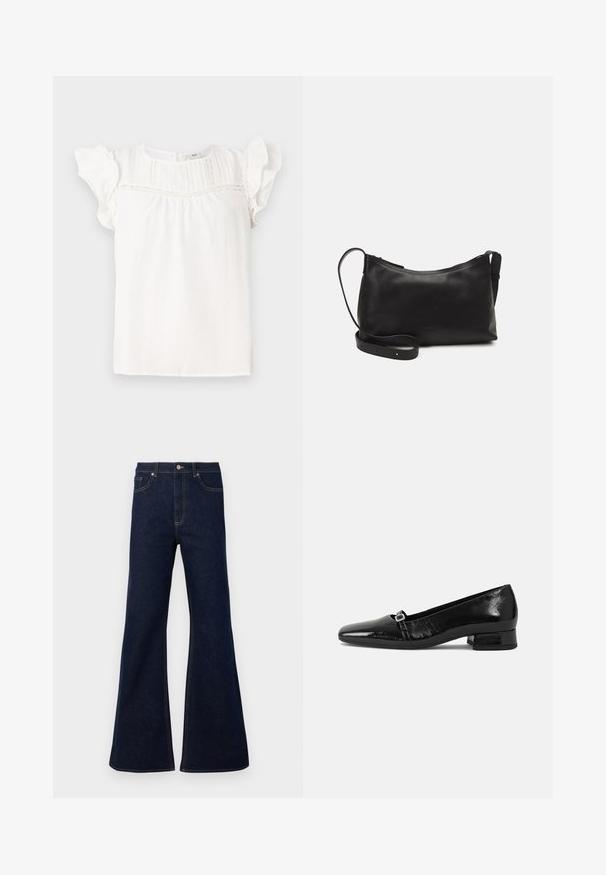 Hvid bluse med korte flæseærmer, der har lodrette pliser og blonderelief langs halsudskæringen. Blødt stof og afslappet pasform.; Mørkeblå, flagrende denimjeans med høj talje, for- og baglommer samt gyldne syninger. Glat tekstur med en traditionel pasform.; Sorte patentlæder balletflade med spids tå, lav firkantet hæl og en lille metallisk spænde detalje på remmen. Glat tekstur.; Sort læder skuldertaske med en glat tekstur, buet form, justerbar rem og lynlås. Minimalistisk design uden udsmykninger.