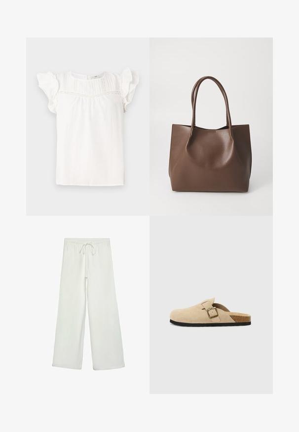 Weiße Bluse mit kurzen, gerüschten Ärmeln, die vertikale Falten und Spitzenakzente entlang des Ausschnitts zeigt. Weicher Stoff und lässige Passform.; Weiße, weit geschnittene Hose aus weichem Stoff. Mit einem elastischen Bund und einem Kordelzug sowie einer glatten Oberfläche. Keine sichtbaren Muster oder Hardware.; Beige Wildleder-Slipper mit einem Korkfußbett, runder Zehenpartie und einem einfachen Riemen mit einer goldfarbigen Schnalle. Gummi-Sohle für besseren Halt.; Braune Leder-Tote mit zwei langen Tragriemen, strukturiertem Shape, glatter Textur und minimalistischem Design. Keine sichtbaren Beschläge oder Akzente.