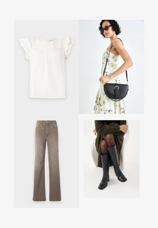 Biała bluzka z krótkimi, falbanowymi rękawami, wykończona pionowymi plisami i koronkowymi detalami wzdłuż dekoltu. Wykonana z miękkiego materiału, o luźnym kroju.; Brązowe dżinsy o wysokim stanie i prostych nogawkach z guzikami z przodu, pętelkami na pasek oraz klasycznym pięciokomorowym designem na białym tle.; Kozaki skórzane do kolan w kolorze czarnym, z kwadratowym noskiem i słupkowym obcasem, pokazane na modelce siedzącej w oliwkowej zielonej kurtce. Gładka tekstura, minimalne detale.; Czarna skórzana torebka o zakrzywionym kształcie, z odpinanym paskiem i złotymi akcentami. Torebka posiada klapę z zapięciem w kształcie klamry.