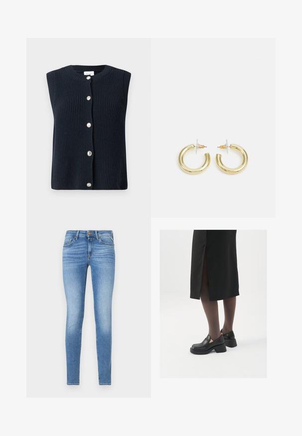 Mornarica pletena bezrukava prsluk s okruglim izrezom i prednjim dijelom s pet srebrnih gumba. Teksturirani materijal s rebrastim uzorkom kroz cijeli prsluk.; Uske slim-fit svijetloplave teksas traperice s srednjim strukom, prednjim gumbom i dizajnom s pet džepova.; Crne kožne cipele s zaobljenim vrhom, debelim blok petama i elastičnim bočnim detaljima, uparene s tamnim čarapama i crnom suknjom s prorezom.; Zlatne kružne naušnice s glatkom, sjajnom završnom obradom. Kružni dizajn s malom potporom i prozirnom podlogom za sigurno nošenje.