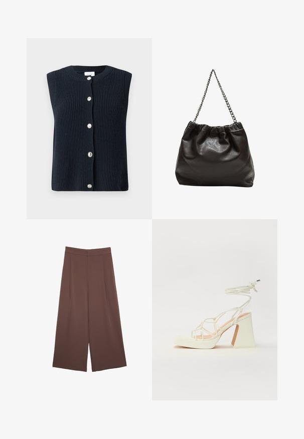 Námornícka pletená bezrukávová vesta s okrúhlym výstrihom a predným detailom s piatimi striebornými gombíkmi. Textúrovaná tkanina s pruhovaným vzorom po celej ploche.; Hnedé nohavice so širokými nohavicami a hladkou textúrou, s vysokým pásom a prednými skladmi. Tkanina je ľahká a voľne sa pohybuje.; Biele sandále na vysokom opätku s hrubým podpätkom, s pruhovaným dizajnom a viazaním na členku. Hladký povrch s platformou vpredu pre zvýšenú výšku.; Hnedá kožená taška so zberaným vrchom a reťazovým popruhom. Hladký povrch s lesklým finišom a jemným švom po stranách.