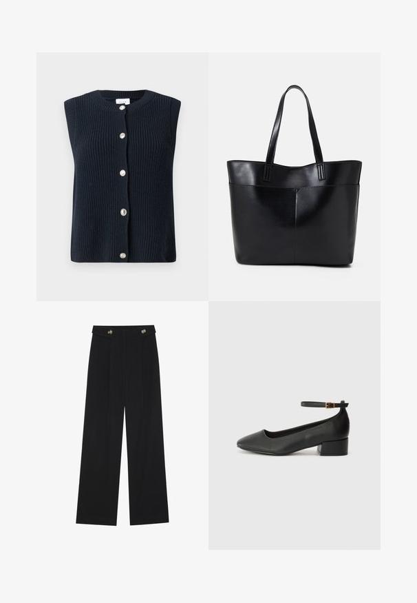 Marineblå strikket ermeløs vest med rund halslinning og fem sølvknapper foran. Strukturert stoff med ribbestrikket mønster gjennom hele.; Svart vide bukser med høy midje, knappdetaljer på midjebåndet og frontplisser.; Sorte skinnpumper med spiss tå og lav blokkhelt. Har ankelrem med gullfarget spenne. Glatt tekstur.; Svart lær toteveske med to lange håndtak, en glatt tekstur og en strukturert form. Har en frontlomme for ekstra oppbevaring.