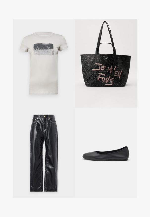 Heledbeez T-särk, millel on ristküliku kujuline hõbedane sädelev plaastriga, millel on musta ja valge degradee disainiga tähed "ALYX".; Mustad kunstnahk püksid laia sääre lõikega, valgete õmblustega, esi-taskutega ning kuldse nupuga vöökoha juures.; Musthave mustika tantsutossud mustast nahast, ümmarguse varbaga, siledast tekstuurist, minimaalse õmblusdetailiga ja paindliku tallakujundusega.; Must kuhja musta kotiga, tekstureeritud materjaliga, mis on kaetud rombikujuliste mustritega. Kotil on õlavarre rihmad ja julged punased ja valged tekstid, mis ütlevad "JE M'EN FOUS."