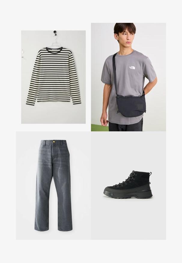 Chemise à manches longues avec des rayures horizontales noires et blanches, col rond, en tissu doux, avec une coupe droite et des fentes latérales à l'ourlet.; Jean en denim gris à jambes larges pour homme, coupe ample, avec poches avant et un bouton doré visible sur la ceinture.; Botte de randonnée noire avec une tige en daim, semelle en caoutchouc robuste et œillets renforcés pour les lacets. Dispose d'une languette à l'arrière pour un enfilage facile.; Sac en nylon noir en bandoulière avec une sangle adjustable, doté d'une fermeture à cordon et d'un logo en relief. Porté sur un t-shirt gris.