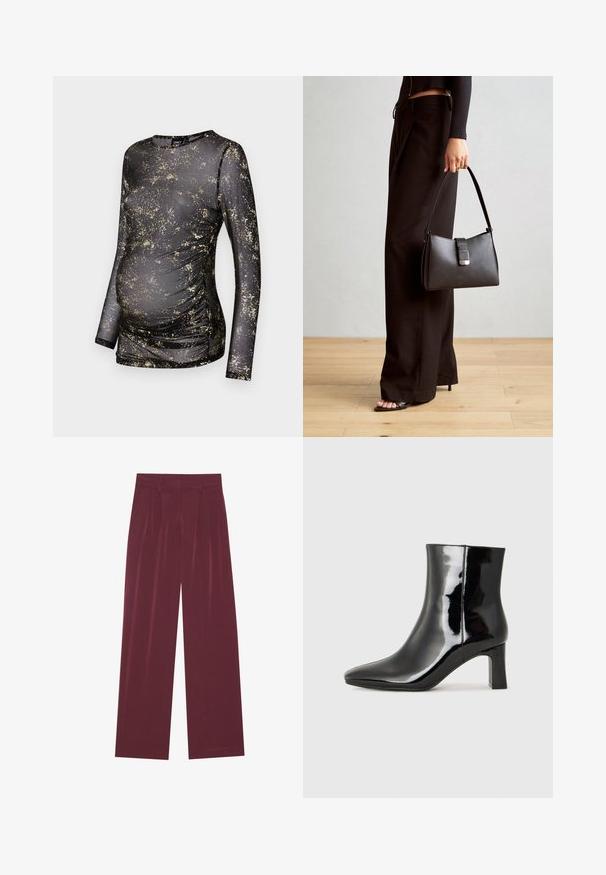 Black long-sleeve top with gold speckled pattern, made of stretchy fabric, featuring ruching at the sides to accommodate a growing belly.; Burgundy wide-leg trousers with front pleats, side pockets, belt loops, and a concealed front fastening.; Black patent leather ankle boot with a pointed toe and a mid-height block heel. Smooth texture and minimalist design.; Black handbag with structured shape, smooth texture, and a metallic clasp. Paired with wide black pants and open-toe sandals on wooden floor.