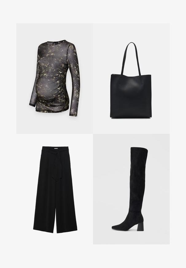 Crna majica dugih rukava s zlatnim točkicama, izrađena od rastezljivog materijala, s naborima sa strane kako bi se prilagodila rastućem trbuhu.; Crne široke hlače od teksturirane tkanine, s elastičnom pojasom i odvojivim remenom na struku za prilagodivo pristajanje.; Crne antilop čizme do koljena s blok potpeticom, šiljastim prstom i glatkim, bešavnim dizajnom na običnoj svijetloj pozadini.; Crna kožna torba za nošenje s glatkom teksturom, pravokutnim oblikom i dvije duge ručke. Nema vidljivih metalnih dijelova ili ukrasa.