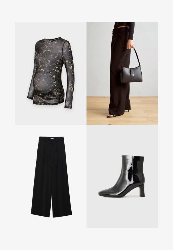 Černý dlouhý rukáv top s pozlaceným flekovaným vzorem, vyrobený z elastického materiálu, nabízí na bocích řasení pro přizpůsobení rostoucímu bříšku.; Černé kalhoty s širokými nohavicemi, vyrobené z texturované tkaniny, s elastickým pasem a odnímatelným páskem na úpravu velikosti.; Černé lakované kotníkové boty s špičatou špičkou a středně vysokým blokovým podpatkem. Hladká textura a minimalistický design.; Černá kabelka se strukturovaným tvarem, hladkým povrchem a kovovým uzávěrem. Kombinována s širokými černými kalhotami a sandály s otevřenou špičkou na dřevěné podlaze.