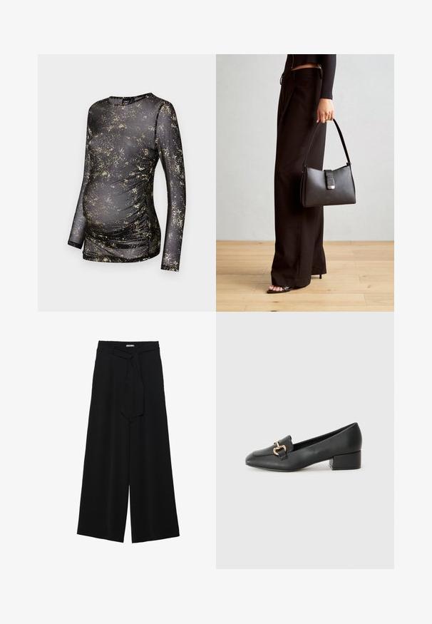 Fekete, hosszú ujjú felső, arany pöttyökkel díszítve, rugalmas anyagból készült, oldalain ráncolt részlettel, hogy helyet adjon a növekvő pocaknak.; Fekete, bő szárú nadrág, texturált anyagból, rugalmas derékpánttal és levehető sállal a derekán, amely állítható illeszkedést biztosít.; Fekete bőr loaferek lapos talppal, dekoratív arany hardware részlettel az elején és sima felülettel.; Fekete kézi táska strukturált formával, sima textúrával és fémből készült záródással. Széles fekete nadrággal és nyitott orrú szandállal párosítva, fából készült padlón.