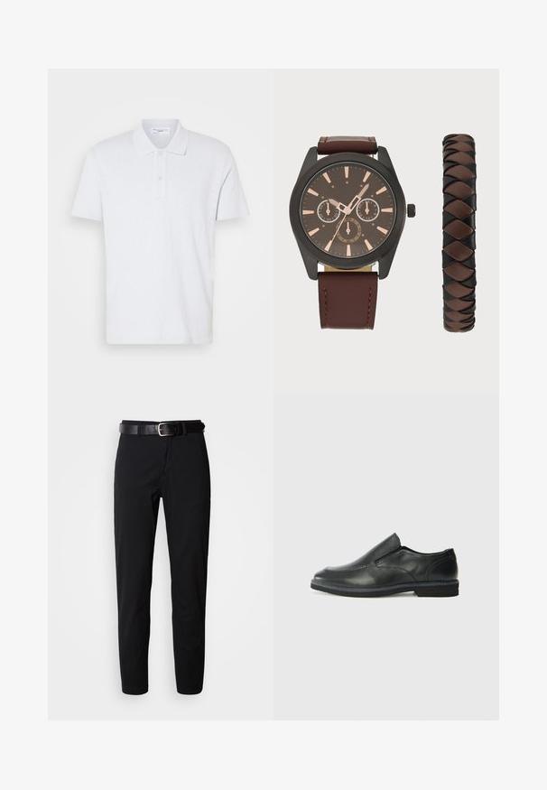 Biela polokošeľa s krátkym rukávom vyrobená z mäkkej tkaniny, s golierom, uzatváraním na dva gombíky a jemným logom na hrudi.; Čierne nohavice so stright strihom, s hladkou štruktúrou a čiernym koženým opaskom so striebornou prackou. Jednoduchý dizajn, bez vzorov alebo akcentov.; Čierny kožený nazúvací topánka s hladkým zvrškom, prešitými akcentmi, zaoblenou špičkou a nízkym gumovým podpätkom. Podošva má minimálny dezén.; Pier One SET - Hodinky - black/brown