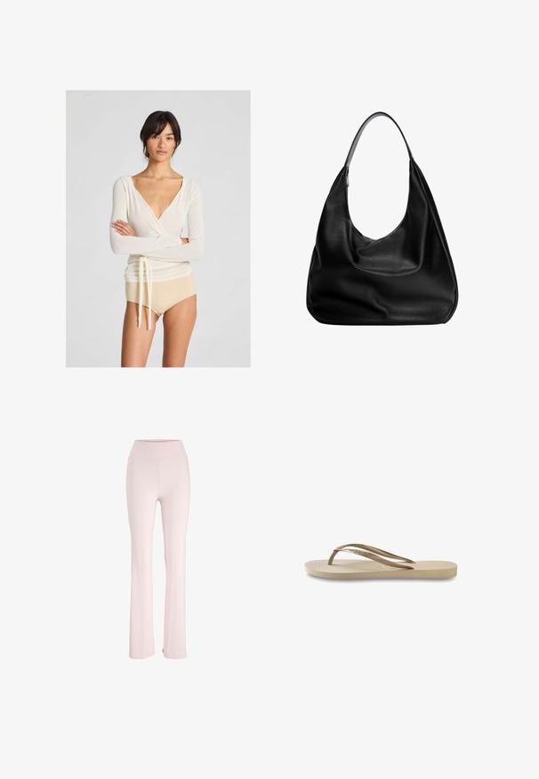 Svetlosmúty zavinovací top s dlhými rukávmi a hlbokým výstrihom do V, so zaviazaným detailom v páse, skombinovaný s nahými podkolenkovými nohavicami s vysokým pásom.; Svetloružové rozšírené nohavice vyrobené z mäkkého, pružného materiálu s vysokým pásom a bez viditeľných vzorov alebo kovových doplnkov.; Svetlobežové žabky s textúrovanou stielkou, plochou podrážkou a tenkými, lesklými popruhmi. Obsahuje jemné logo na popruhu.; Čierna kožená hobo taška s uvoľneným dizajnom, širokým ramenným popruhom a hladkým povrchom. Obsahuje jedno zipsové uzatváranie na boku.