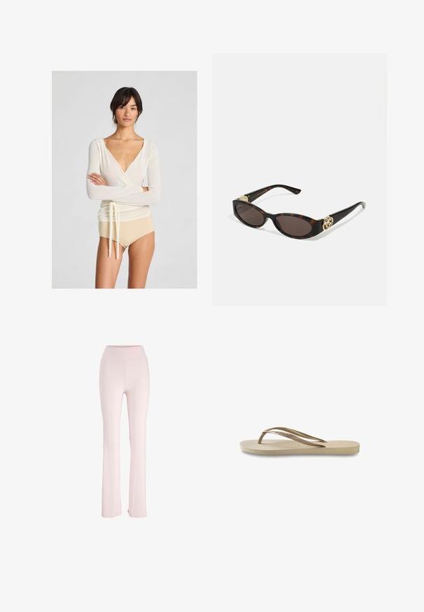 Világos krémszínű, hosszú ujjú, mély V-nyakú felső, deréknál megkötős részlettel, amelyet meztelen színű, magas derekú alsóval párosítottak.; Pale pink, lágy, rugalmas anyagból készült, bokánál szélesedő nadrág, magas derékkal és látható minták vagy fém részek nélkül.; Világos bézs szandál, textúrázott talprészel, lapos talppal és vékony, fényes pántokkal. Diszkrét logó található a pánton.; Tortából készült napszemüveg, hosszúkás ovális lencsékkel, barna színű árnyalattal, arany logóval a fülkagylón, és karcsú fekete szárakkal.