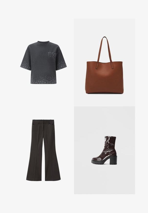 Camisa de manga corta en gris oscuro con cuello redondo, bolsillo frontal y un patrón de puntos gris claro dispersos en las mangas, el bolsillo y el dobladillo.; Pantalones de campana negros con cintura alta; cuentan con dos bolsillos frontales y una textura de tela suave. Adecuados para diversas ocasiones.; Botín burdeos brillante hasta el tobillo con un tacón negro grueso, que presenta una textura suave y un diseño sencillo. Sin cierres ni patrones visibles.; Bolso tote de cuero marrón con una textura suave, diseño de apertura superior y dos correas para el hombro. Presenta una costura mínima y sin herrajes visibles.