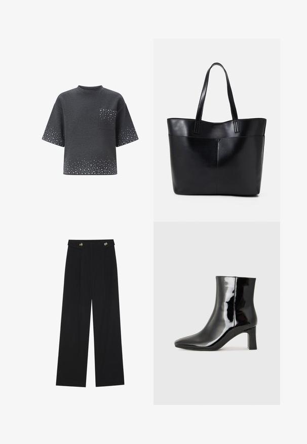 Dark gray short-sleeve shirt with crew neck, front pocket, and scattered light gray dot pattern on sleeves, pocket, and hem.; Black wide-leg trousers with high waist, button details on waistband, and front pleats.; Black patent leather ankle boot with a pointed toe and a mid-height block heel. Smooth texture and minimalist design.; Black leather tote bag with two long handles, a smooth texture, and a structured shape. Features a front pocket for additional storage.