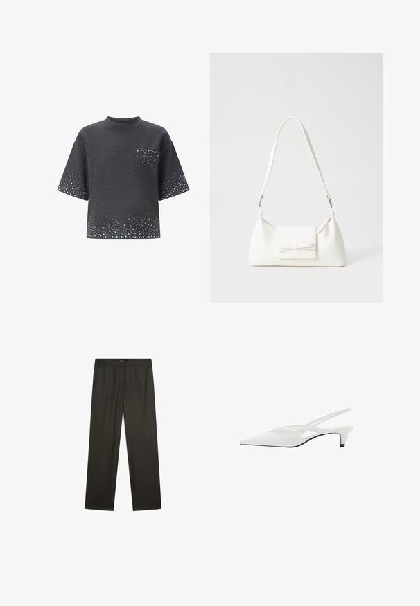 Donkergrijze T-shirt met korte mouwen en ronde hals, voorzak en een verspreid lichtgrijs stippenpatroon op de mouwen, zak en zoom.; Donkergroene, wijde broek met een gladde textuur, elastische tailleband en zijzakken. Eenvoudig ontwerp zonder zichtbare patronen of hardware.; Witte slingback hak met spitse neus, voorzien van een gladde bovenkant, subtiele uitsparingen en een lage blokhak. Zwarte zool accentueert het ontwerp.; Witte synthetische handtas met een driehoekige vorm, platte voorklep en strikdetail, verstelbare schouderriem, gladde textuur en minimalistisch ontwerp.